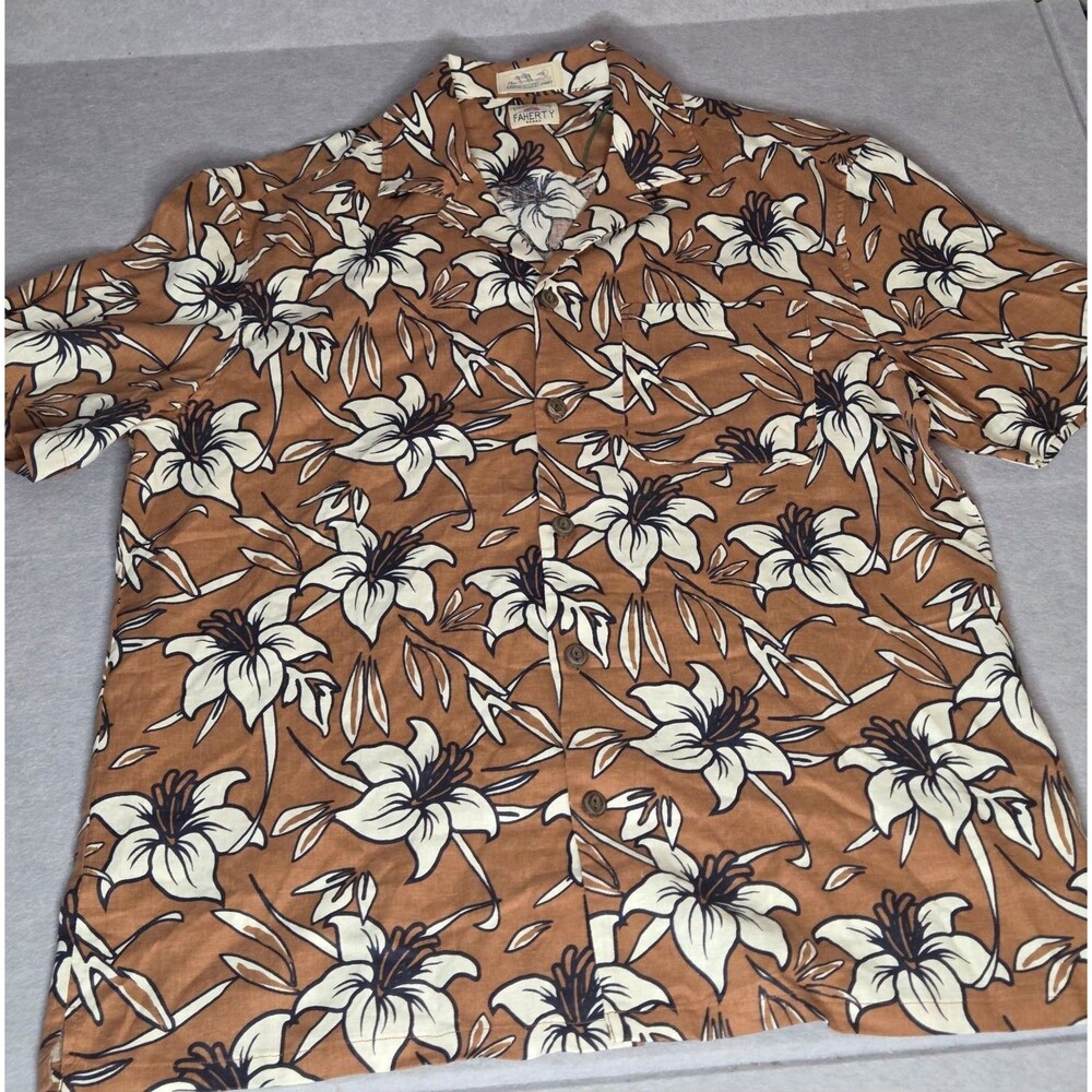 FAHERTY SS Breeze Camp Shirt Floral Brown Linen Blend Men's Medium NWOT